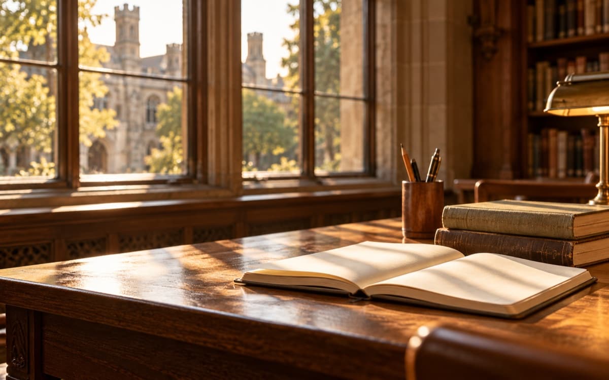 An open notebook on a sunlit library desk