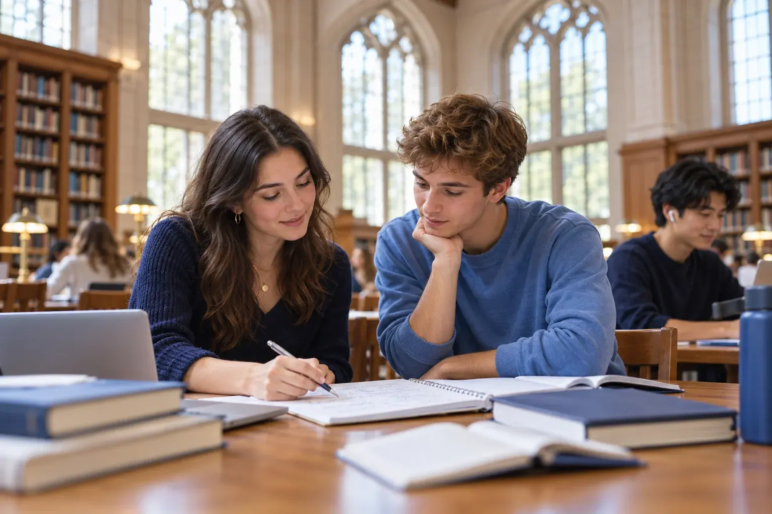 Students working together at a library table