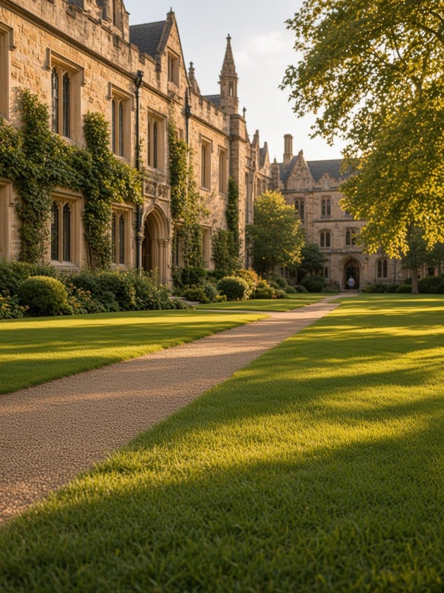A college campus surrounded by trees
