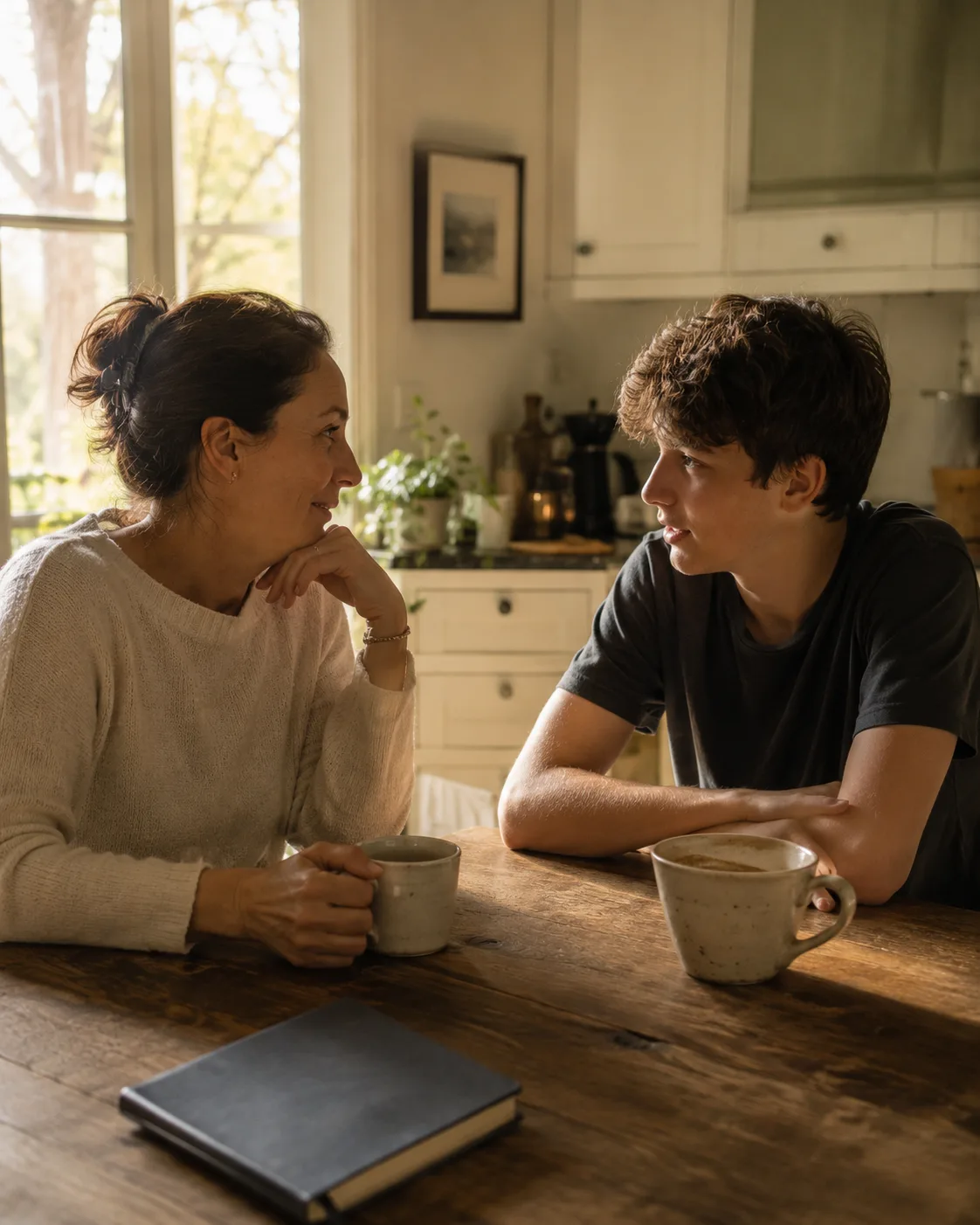 A parent and their teenager talking across a kitchen table